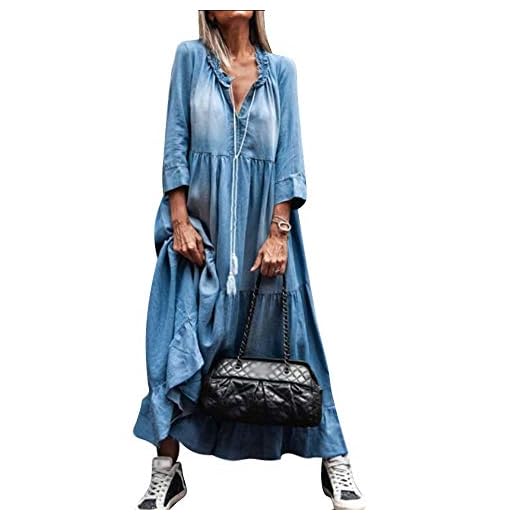 Yesgirl Damen Boho Jeanskleid Sommerkleid Frauen Casual Loose Jeans Kleider V-Ausschnitt Lange Ärmel Einfarbig Faltenrock A-Linie Maxi Denimkleid Tunika Hemd Blusenkleid A Hellblau L