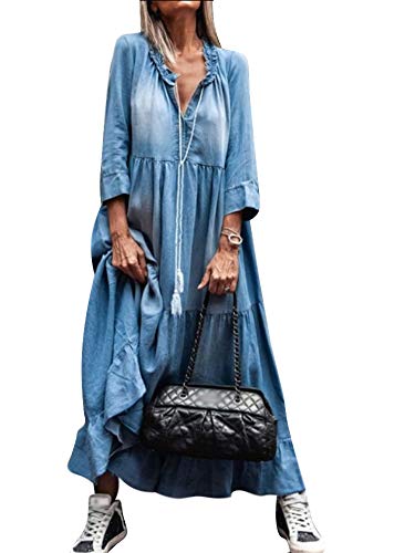 Yesgirl Damen Boho Jeanskleid Sommerkleid Frauen Casual Loose Jeans Kleider V-Ausschnitt Lange Ärmel Einfarbig Faltenrock A-Linie Maxi Denimkleid...