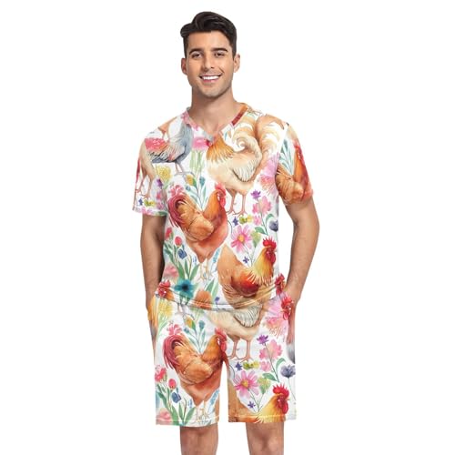 Pyjama court homme imprimé poulet en coton col V avec poches