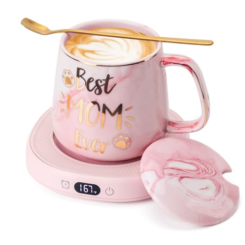 Coffee Mug Warmer & Best MOM Ever Mug Set, Electric Cup Warmer for Desk, Beverage Warmer with 4 Temperature Setting, 8H Auto Shut Off, Mom Gifts from Daughter Son
