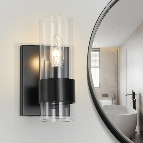 Image of WUZUPS Set of 2 1-Light Bathroom Wall Light Fixture Over Mirror Flat Class Shade Morden Vanity Scones for Bathroom Bedroom Living Room, E12 Base, Black