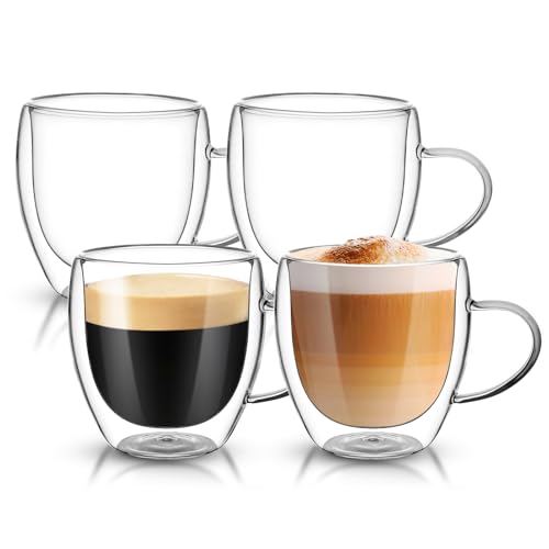 Dyserbuy 4 er Set Doppelwandige Kaffeegläser 250ml Doppelwandige Gläser mit Henkel Borosilikatglas Kaffeegläser für Latte Macchiato Cappuccino Milch Teeglas