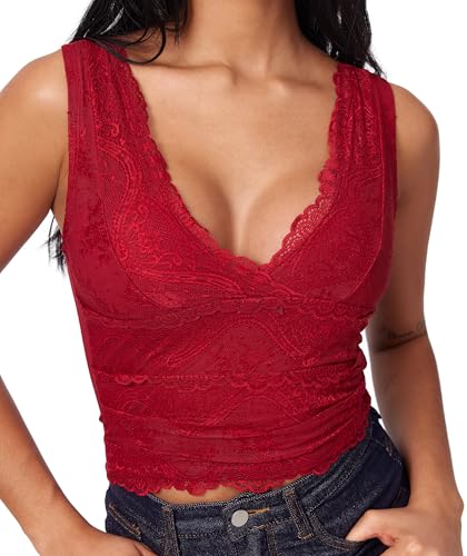 Image of CIDER Lace Crop Tank Tops for Women Going Out V Neck Sleeveless Ruched Tops Trendy Y2K Summer Outfits