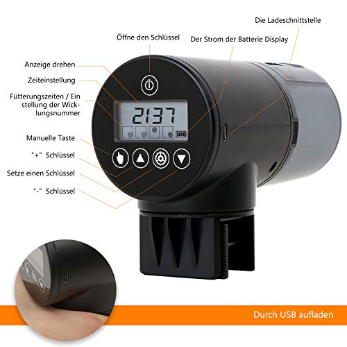 Futterautomat Aquarium, Fischfutterautomat Automatischer 200ml Große Kapazität Mit USB-Ladekabel Und LCD Display Geeignet Für Aquarium, Fischtank Und Schildkrötentank – Bild 3