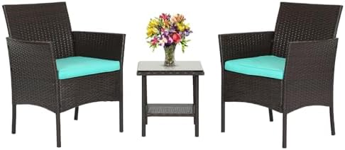 FDW 3 Piece Outdoor Furniture Set Patio Brown Wicker Chairs Furniture Bistro Conversation Set 2 Rattan Chairs with Blue Cushions and Glass Coffee Table for Porch Lawn Garden Balcony Backyard FDW 3 Piece Outdoor Furniture Set Patio Brown Wicker Chairs Furniture Bistro Conversation Set 2 Rattan Chairs with Blue Cushions and Glass Coffee Table for Porch Lawn Garden Balcony Backyard