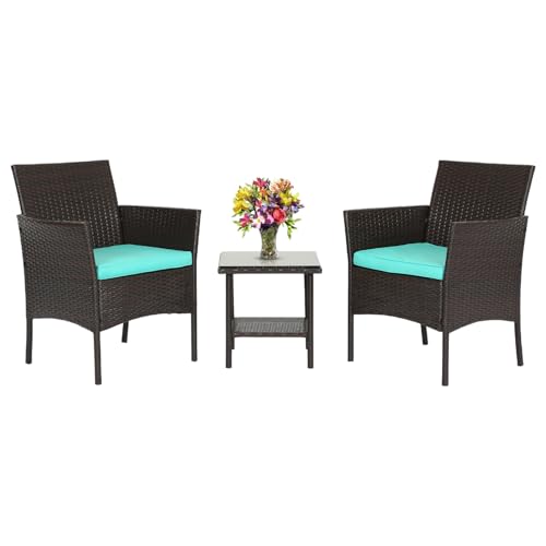 FDW 3 Piece Outdoor Furniture Set Patio Brown Wicker Chairs Furniture Bistro Conversation Set 2 Rattan Chairs with Blue Cushions and Glass Coffee Table for Porch Lawn Garden Balcony Backyard