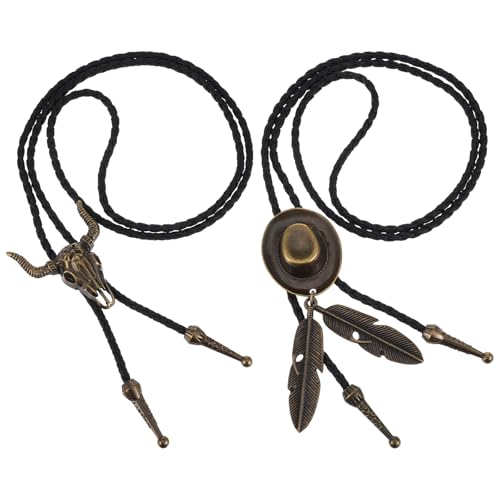 AOZUO Lot de 2 cravates bolo, style western cowboy et cowgirl, en cuir vintage, fait main, avec pendentif en plumes, pour homme et femme (marron)