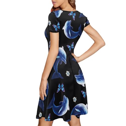 Image of HUGS IDEA Womens Puffy Swing Midi Dress Round Neck Short Sleeve Party A-Line Dresses