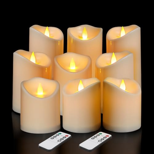 Image of Flameless Candles 4 inch 5 inch 6 inch Set of 9 Outdoor Indoor Pillars Battery Operated Flickering Candles Include 8-Key Remote Timer Function Ivory Fake LED Candles for Wedding, Aniversary,Christmas Decor