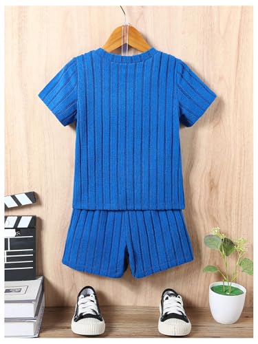 Image of SHENHE Boy's 2 Piece Ribbed Outfits Crew Neck Short Sleeve Tee Top and Track Shorts Set Royal Blue 5Y