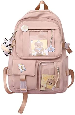 Eagerrich Kawaii Backpack with Cute Pin Accessories Plush Pendant for School Bag Student Girl Backpack Super-Capacity Waterproof Travel Backpack(Pink-2)