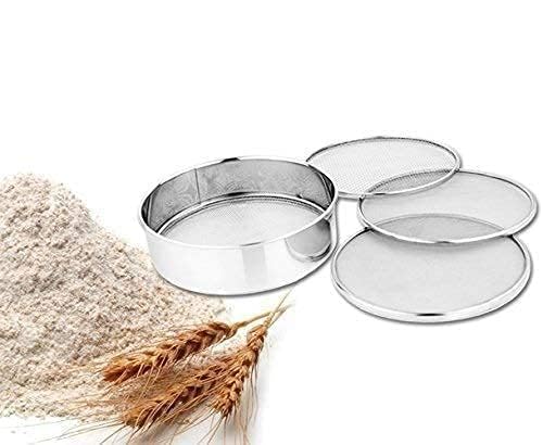 GLUN® Stainless Steel 4-in-1 Interchangeable Sieve Set Includes Chalni, Charna, and Jaali Channi for Everyday Kitchen Use Silver Finish, Perfect for Straining Gehu, Atta, Maida, and Spices