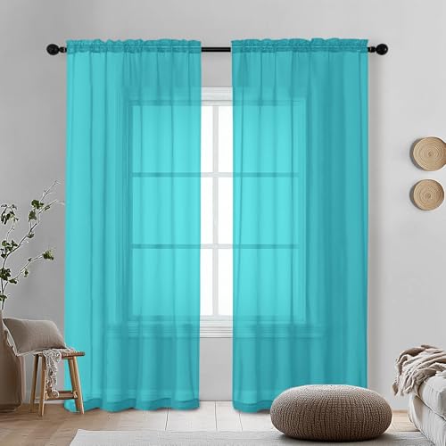 Image of OVZME Turquoise Sheer Curtains 72 Inches Long 2 Panels - Soft Light Filtering Window Sheer Panels for Living Room /Bedroom, Top Dual Rod Pocket, 1 Pair, Each 42Wx72L Inches