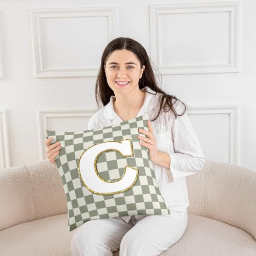 Image of Erosebridal Sage Green Checkered Throw Pillow Covers 16x16 Set of 2 Plaid Initial C Pillow Covers Personalized Monogram Cushion Cover Fashion Grids Gingham Pillow Cases for Couch Sofa