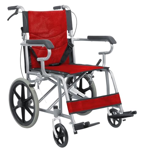 Imagen de Mueblick Silla de Ruedas Traslado Plegable, Acero Esmaltado, Tela Mesh, Ruedas Todoterreno SRTP-01 (Rojo)