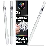 OfficeTree 3 x Gelstifte Weiß zum Zeichnen - Fein 0,75mm & Bleistift - Weißer Gelstift Zum Zeichnen - Für Gästebücher und Malen auf schwarzem Papier