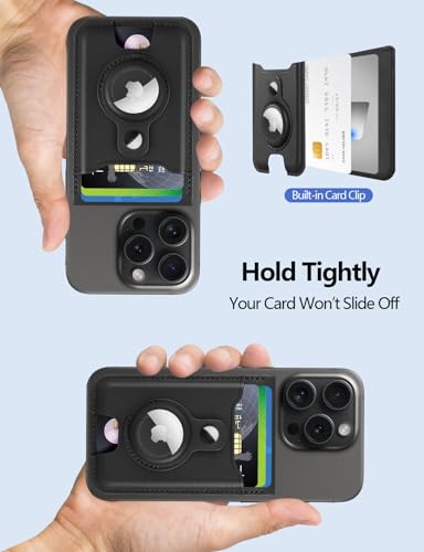 Strongest Mag-Safe Wallet Stand with Airtag Holder for iPhone 16/15/14/13/12 Series, RFID Leather, ID Window, Magnetic 6 Cards Holder, Black - Thumbnail 7