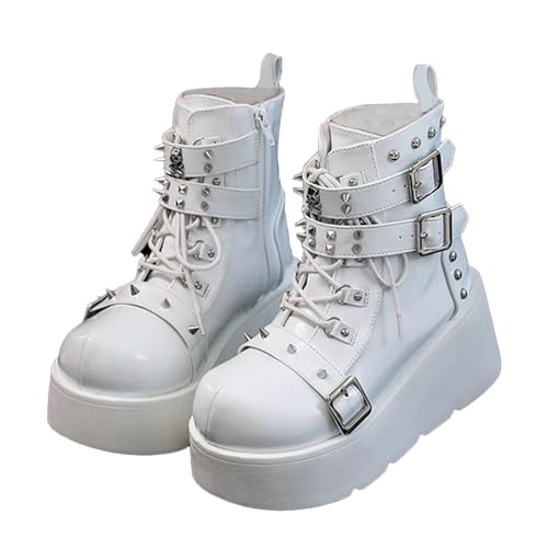 Women Goth Platform Lace Up Ankle Boots with Rivet Buckle Strap,Fashion Round-Toe Side Zipper Multi Band Punk Motorcycle Combat Booties
