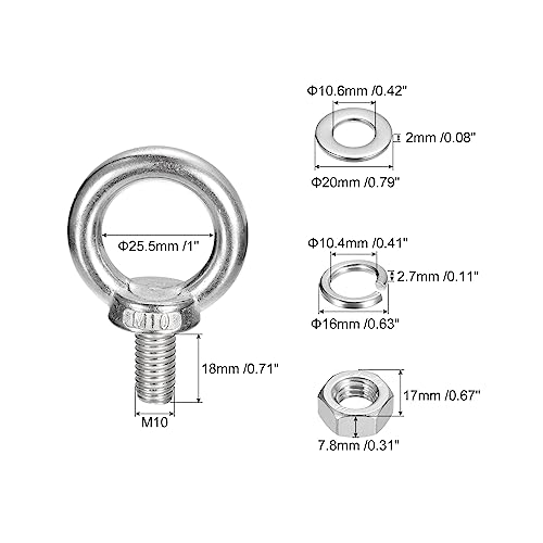 Image of uxcell Lifting Eye Bolt, 2 Sets M10x18mm Eye Bolt with Nut Washer 304 Stainless Steel Shoulder Lifting Ring Eye Bolt for Hanging Item