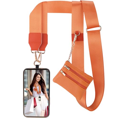 Image of XANGNIER Clip and Go Strap for Phone with Wallet Crossbody, Phone Strap with Zippered Wallet, Adjustable Anti Theft Cellphone Lanyard for Women, Cellphone Chain Accessories,Orange