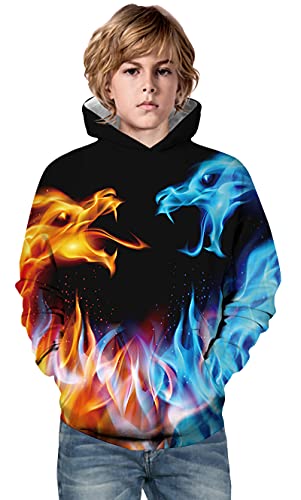 Aluwu Boys Girls Hoodies Kids 3D Print Pullover Sweatshirts With Pocket Cool Funny Long Sleeve Hooded Cute Graphic Comfy Yellow Blue Flame Dragon Hoody For Teens Size 13-14T #TOP2