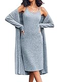 Ekouaer Womens Knit Robe Set 2 Piece Nightgown with Robes Long Sleeves Lounge Sets with Pockets Blue Medium