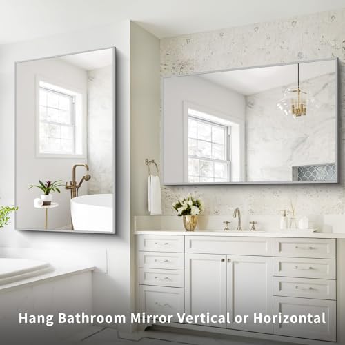 Image of COFENY 36x55inch Bathroom Mirror, Silver Rectangle Mirror with Thin Metal Frame, Large Rectangular Wall Mirrors for Bathroom, Living Room, Hair Salon, Big Mirror Hang Horizontal /Vertical