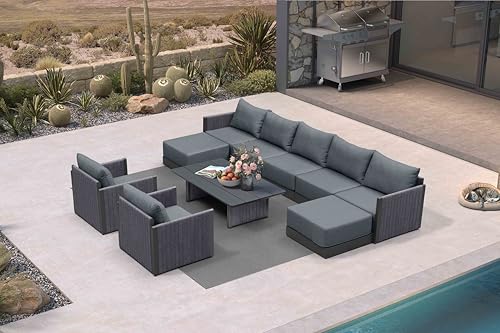 Image of PURPLE LEAF Patio Set 10 PCS w /Table & Ottoman, Deep Seating Rope, Gray