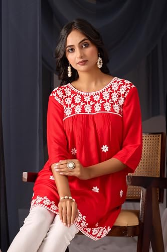 Image of Sidhidata Rayon Floral Embroidered Short Kurti | Short Anarkali Kurti for Girls | Women's Casual Sleeveless Printed Top | Tops for Women (Kurti Myra)