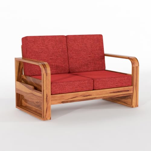 Image of Solid Sheesham Wooden 2 Seater Sofa for Living Room | Sofa with Side Pocket Storage & Cushion | Rosewood Sofa Set for Home & Office (Honey with Red Cushion, 2 Seater)