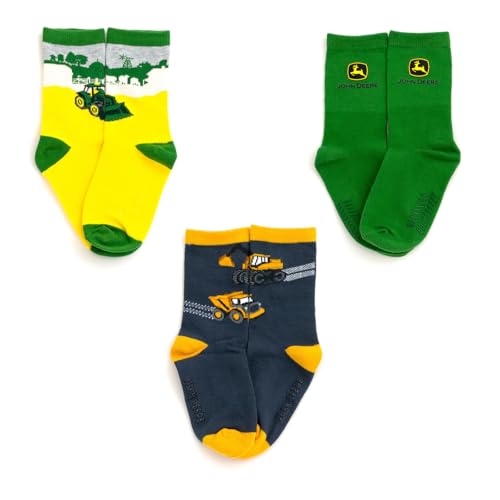 John Deere Truck Farm Animal 3 Pack Non-Slip Grip Crew Socks Toddler to Little Kid Sizes (2T-4T - 4-6)