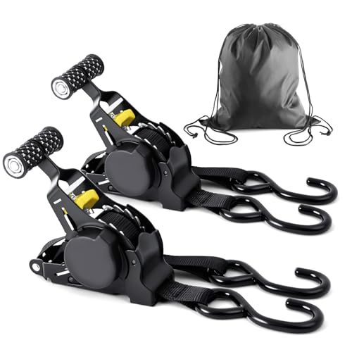 Vsshe Spanngurte mit Ratsche, 2,5 cm x 3,3 m, Automatische Selbstaufrollende 680 kg Bruchfestigkeit, Ratschengurte mit Ergonomische Griffe für Motorrad, Auto, Camping & Transport (2 Stück)