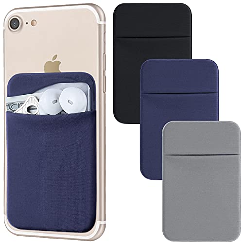 Phone Card Holder for Back of Phone, Stretchy Lycra Phone Wallet Stick On Credit Card Holder for Phone Case Adhesive Phone Pocket Sticker Compatible with iPhone, Samsung - Black, Blue, Gray 3Pack