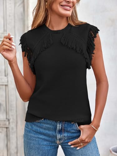Saodimallsu Womens Sleeveless Sweater Vest Fringe Cap Sleeve Western Boho Trendy Crew Neck Pullover Knit Tops2