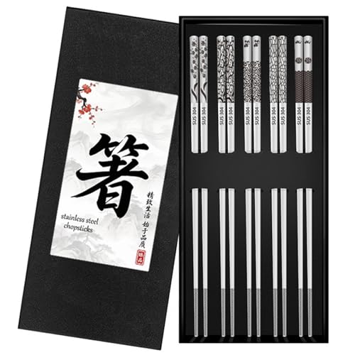5 Paar Essstäbchen Edelstahl 304 Rutschfeste Sushi Stäbchen Spülmaschinenfest Metall Chopsticks Chinesische Japanische Stäbchen zum Essen für Zuhause Restaurant Camping