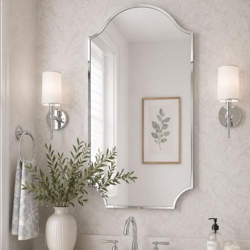 Image of TEHOME Chrome Scalloped Bathroom Mirror, Silver Irregular Bathroom Mirror, 24x32''