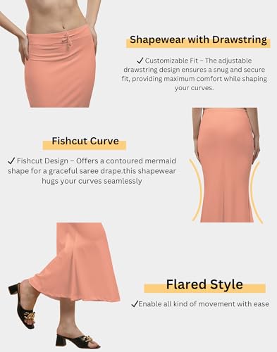 Image of Women's Polyester Blend Shapewear Patticoat Fishcut Flare Pattern Stretchable Drawstring Waist Maxi Length and Slim Fit Body Shaper Peticoat for Saree Daily Use Peticoat