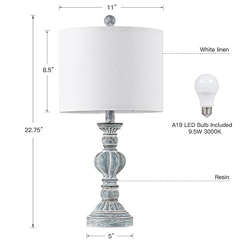 Table Lamps For Bedrooms Living Room Set Of 2, 22.75" Bedroom Bedside Nightstand Lamps, Coastal Traditional Vintage Style Table Lamp Aqua/Blue Washed With White Linen Shades, Led Bulbs Included #TOP1