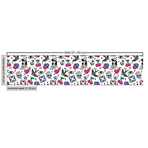 Image of Ambesonne Colorful Fabric by The Yard, Cartoon Illustrated Skulls Hearts Flowers Sparrows Cherries Eyes Anchors, Decorative Fabric for Upholstery and Home Accents, 3 Yards, Grey Magenta