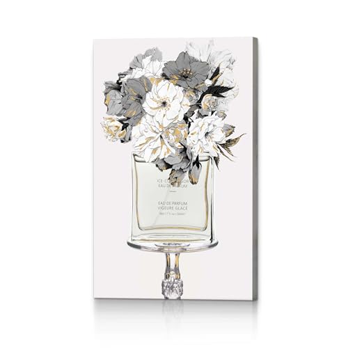Image of HILL WEST Elegant Floral Canvas Wall Art - Perfume Bottle Picture Modern Fashion Prints Black White Flower Painting Artwork Home Decor for Bedroom Makeup Room