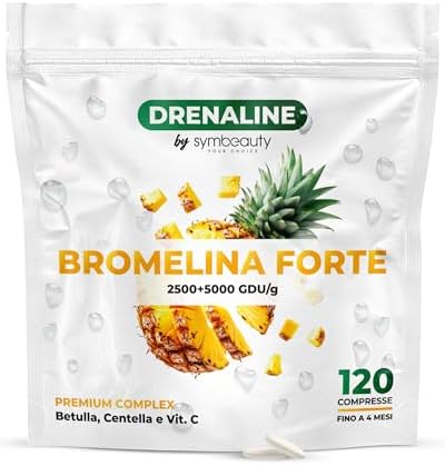 Symbeauty Bromelina Forte 120 Cpr (4 mesi) Drenaline 2500+5000 GDU | Betulla, Centella, Vitamina C | Vegano - Made in Italy (Drenaline 120 compresse) Generico - integratore