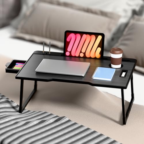 Image of Laptop Table Smart Multipurpose Foldable Laptop Table with Cup Holder, Study Table, Bed Table, Breakfast Table, Foldable and Portable /Ergonomic & Rounded Edges /Non-Slip Legs (COTTED BLACKK)