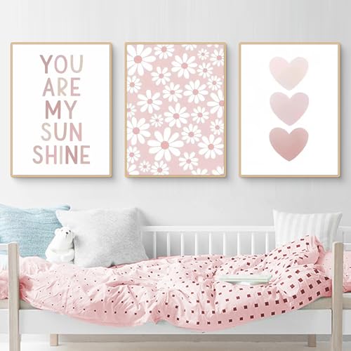 Ueiwffzo 3er Set Poster & Kunstdrucke - Rosa Regenbogen Gänseblümchen Bilder, Kinderzimmer Deko, Ohne Rahmen (A3, 30x40cm)