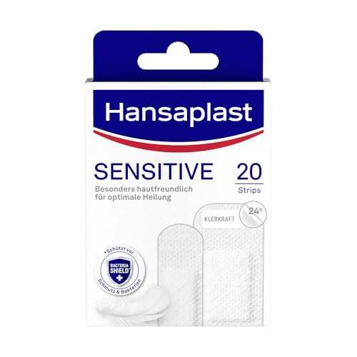 Hansaplast Enlucidos sensibles (20 tiras), resistentes a la piel e hipoalergénicos para heridas con escudo de bacterias y adhesión segura, sin dolor extraíble