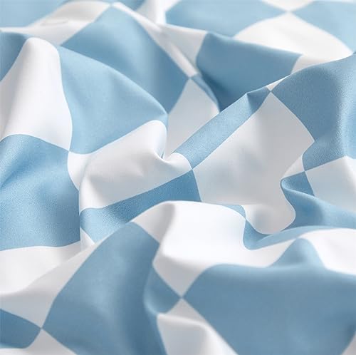 Image of KAREVER Blue White Grid Comforter Set Full Blue Plaid Bedding Set Girls Blue White Checkered Bed Blanket Set Kids Durable Breathable Bedding Comforter Set