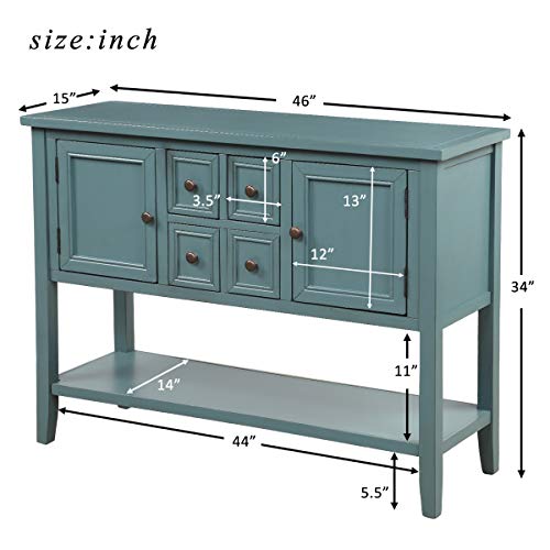 Knocbel Vintage Wood Console Table Buffet Sideboard With 4 Storage Drawers, 2 Cabinets & Bottom Shelf, Entryway Hallway Foyer Table Cupboard Coffee Bar Cabinet, 46" L X 15" W X 34" H (Dark Blue) #TOP1