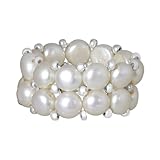 Beautiful Silver Beads White Cultured Freshwater Pearl Stretch Ring