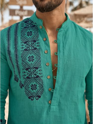 Image of DEELMO Men's Cotton Blend Mandarin Collar Self One Design Full Sleeve Casual Short Kurta