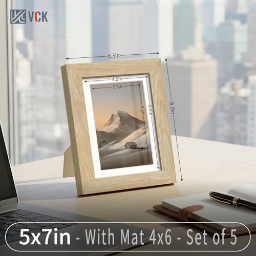 Image of VCK 5x7 Picture Frame 5 Pack, Natural Wood, 4x6 Mat, Glass, for Photo Print