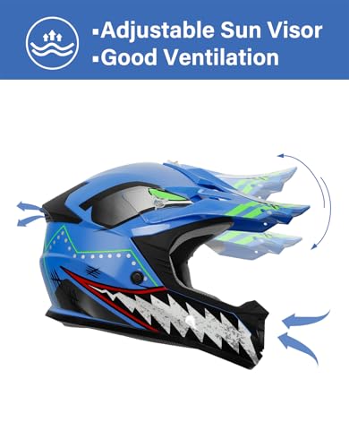 TCT-MOTORPARTS DOT Youth Kids Dirt Bike Full Face Helmets Motocross ATV Offroad Street Helmet Blue w/Shark Mouth Medium Size